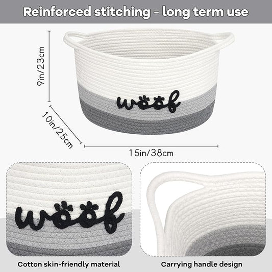 Dog Toy Basket Cute Basket for Baby, Woven Basket Toy Box and Bin for Pet Cat, 15" X 10" X 9" (22L) Large Rope Basket for Blanket Storage, Living Room, Bedroom, White Gray