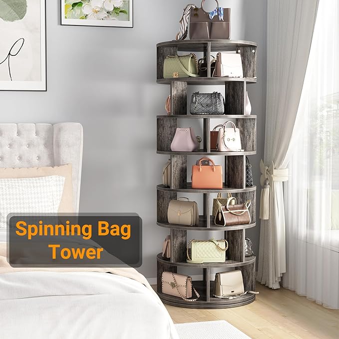 Aheaplus Rotating Shoe Rack Tower, 7-Tier Spinning Shoe Rack 360 Revolving Shoe Rack Organizer for Closet, Display Round Storage Carousel Shoes Closet Organization, Grey Oak