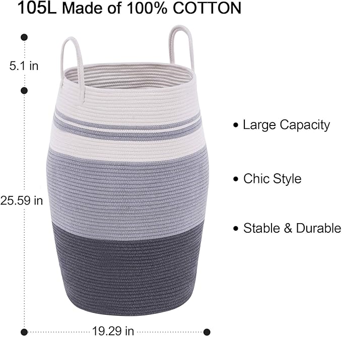 Cotton Rope Laundry Hamper by YOUDENOVA, 105L - Woven Collapsible Laundry Basket - Clothes Storage Basket for Blankets organizing, Bedroom Storage, Clothes Hamper – Grey