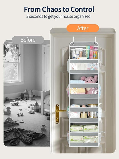 Yecaye 5 Tier 1Pc Over the Door Organizer, Stuffed Animal Storage with Clear PVC Windows, Door Organizer Hanging for Bedroom Nursery Closet Dorm Room Laundry Pantry Bathroom, Grey