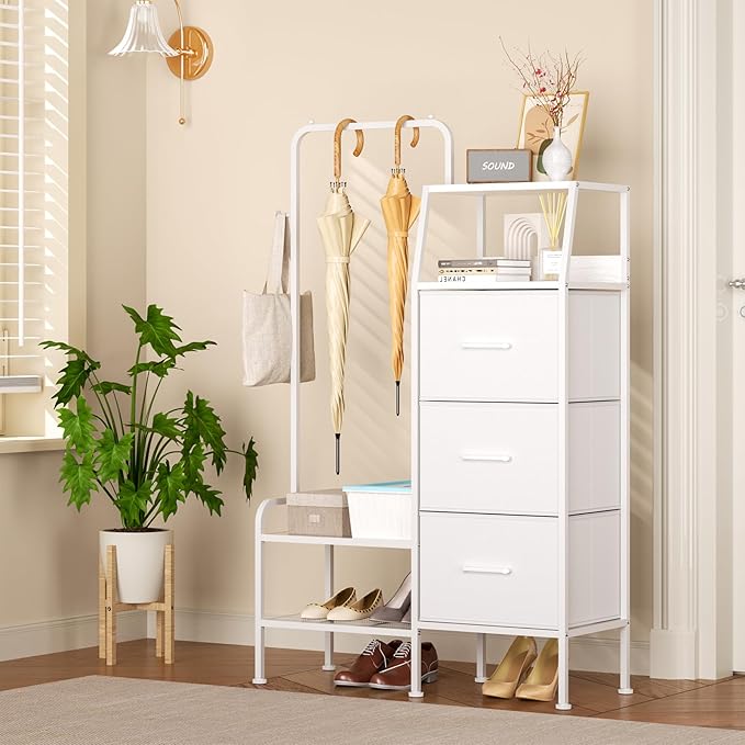 SWTYMIKI Dresser with Hanging Rack - 3 Fabric Drawers Kids Dresser for Bedroom - Reversible Tall Storage Tower, Small Space Clothes Storage Organizer Cabinet for Apartment, Dorm 49.21''H, White
