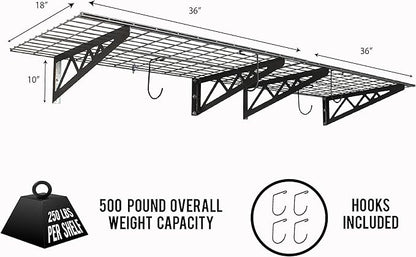 SafeRacks Garage Wall Shelves - 2-Pack 18"x36" Mountable Shelving Units for The Garage, Pantry or Utility Closet, Heavy Duty Steel Shelf with Bike Accessory Hooks, 500lb Capacity, Color: Hammertone