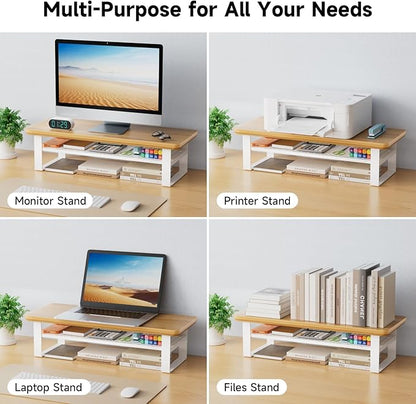 Monitor Stand Riser, 24 Inch Computer Monitor Stand for Desk, 2-Tier Wood Desk Shelf Organizer with Storage, Desktop Stand for Laptop/Screen/PC/Printer, Ergonomic Home Office Monitor Stand