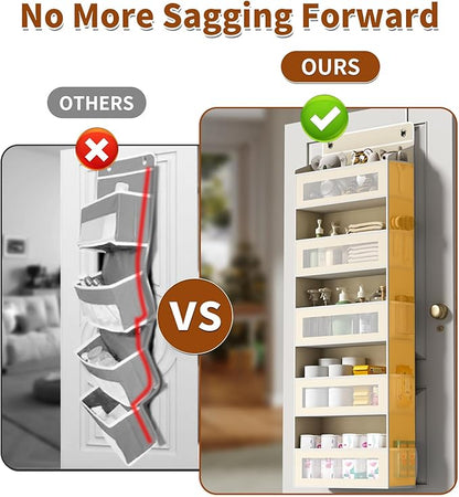 Over The Door Organizer with 5 Large Pockets, Over the Door Storage 10 Side Pocket 44 lb Load Behind Door Storage, Closet Door Organizer Hanging Shelf for Wall Bathroom Bedroom Nursery, 5-Tier Beige