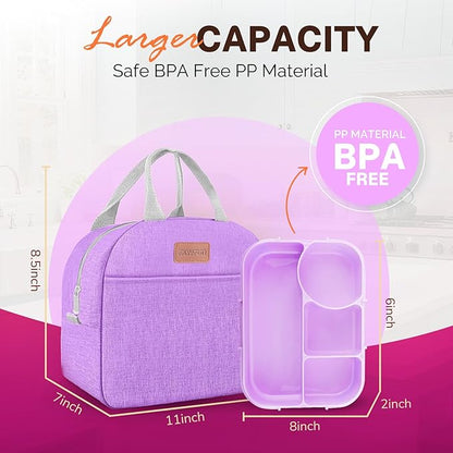 EASYFUN Bento Lunch Box Set Bento Box, 4-Compartment Lunch Containers,High Capacity Lunch Tote Bags for Work, Travel, Outdoor (Purple)