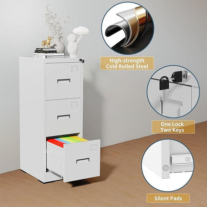 3 Drawer File Cabinet with Lock, Vertical Filing Cabinets for Home Office, Heavy Duty File Cabinet, Metal Storage Cabinets for Letter/Legal/A4/F4 Size Assembly Required, White