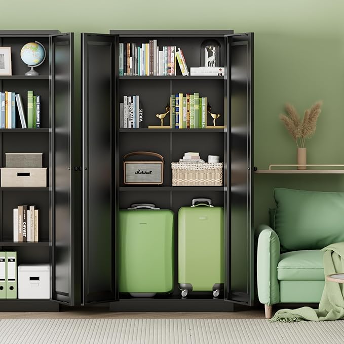 INTERGREAT Metal Storage Cabinet with Magnetic Doors, 63" H Traditional European Style Metal Cabinets with 2 Doors and 4 Adjustable Shelves for Home Office, Kitchen, Bathroom (Black)
