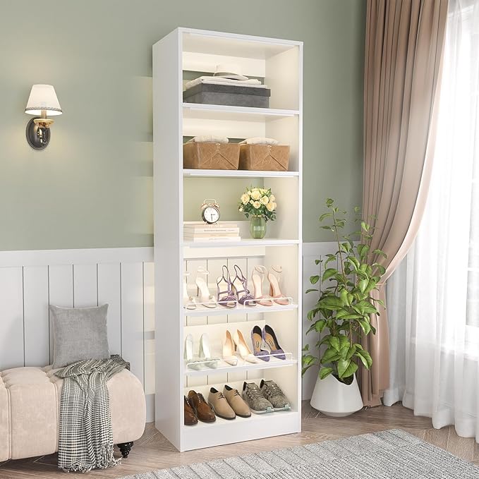 Unikito 25” Closet Organizer System, Freestanding Shoe Storage Shelves, Standalone Wood Shoe Rack, Heavy Duty Walk in Closet Tower for Bedroom, Mudroom and Entryway, 25" W x 16" D x 80" H, White