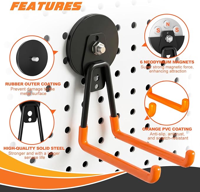 Heavy-Duty Storage Magnetic Hooks，No Need for Drilling, with Anti-Slip Coating, Suitable for Garages, Workshops, Kitchens, Storage Cabinets, RVS, Garden Tool Storage (Orange 3 pcs)