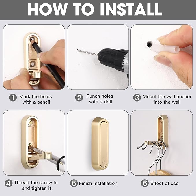 Folding Coat Hooks, 6 Pcs Foldable Gold Wall Hooks Heavy Duty Foldable Hook Bathroom Towel Hooks Robe Hooks Wall Mounted for Hanging Coat Towels Clothes Hat Bags Keys