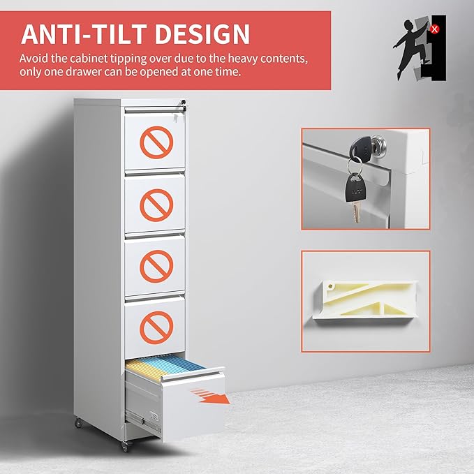 5 Drawer Mobile File Cabinet with Lock,White Metal Filing Cabinets with Wheels,Vertical File Cabinet for Home Office,Heavy Duty Storage Cabinet for A4/Letter/Legal Size File,Assembly Required