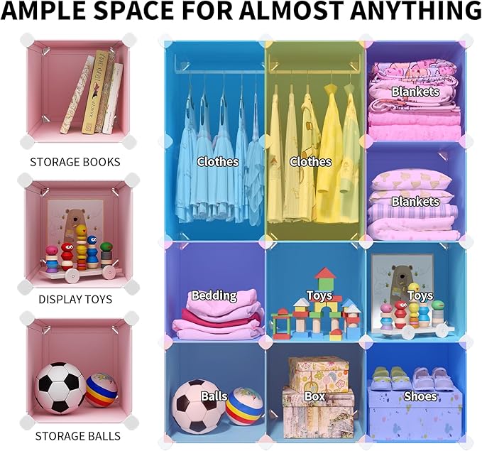 VIPZONE Baby Dresser, Kids Closet Organizers, Portable Kids Wardrobe for Closet, Bedroom, Nursery, Cubby, Cabinet, Clothes, Dress, Baby Storage Shelf, Armoire Clothes Hanging (Blue)