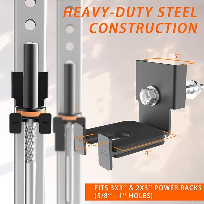 Heavy-Duty Steel Barbell Holder for 3x3 Inch Power Racksb No Drilling Required Fits 5/8’‘-1’’ Holes with Protective Rubber Padding Space-Saving Gym Storage Rack Secure Organizer for Olympic Bars