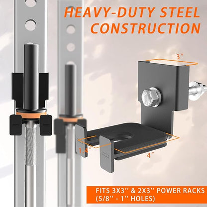 Heavy-Duty Steel Barbell Holder for 3x3 Inch Power Racksb No Drilling Required Fits 5/8’‘-1’’ Holes with Protective Rubber Padding Space-Saving Gym Storage Rack Secure Organizer for Olympic Bars