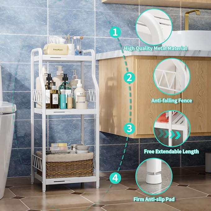 HapiRm Bathroom Shelf Unit Organizer - 3 Tier Expandable Narrow Shelf, Metal Free-Standing Shelves, Open Floor Rack Slim Storage Cabinet, Ideal for Bathroom, Laundry, Kitchen Organization (White)