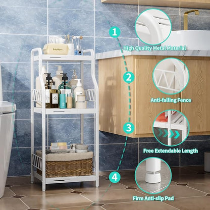 HapiRm Bathroom Shelf Unit Organizer - 3 Tier Expandable Narrow Shelf, Metal Free-Standing Shelves, Open Floor Rack Slim Storage Cabinet, Ideal for Bathroom, Laundry, Kitchen Organization (White)