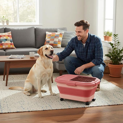 15 Lbs Dog/Cat Food Storage Container,Collapsible Food Storage Containers with Rolling Wheel Airtight Locking Lid,Pet Food Storage Container with Cup and Scoop,Pink