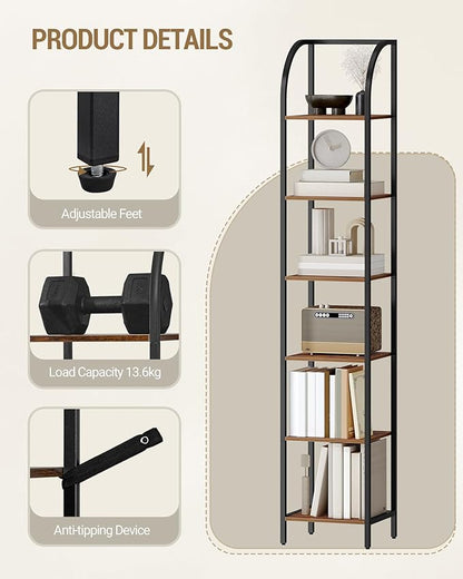 Bookshelf Narrow Bookcase, Tall Storage Rack with Steel Frame, Display Standing Shelf Unit, Skinny Book Shelf for Study Living Room Home Office, Industrial Style, 6-Tier Rustic Brown BC56001B