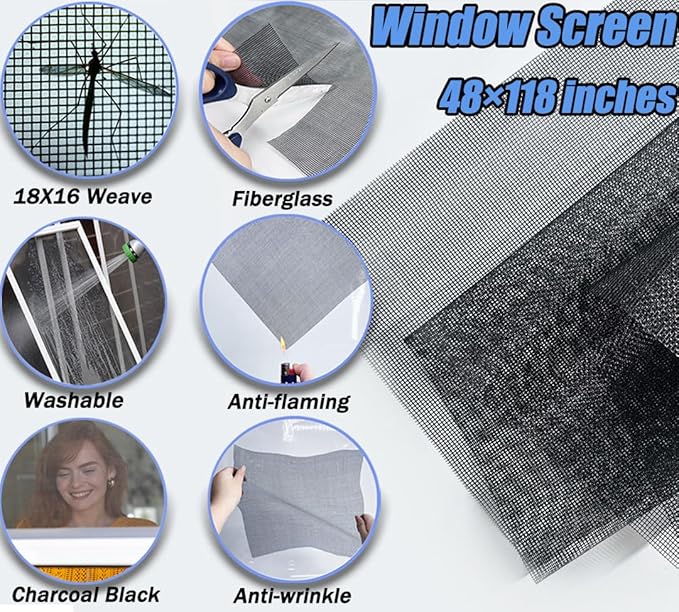 King&Charles Window Screen Door Repair/Replacement Kit, Include Black Screen Mesh 48"x118"+ 2 Roller+50Ft Spline+8Clips+Hook, 6 in 1 Window Mesh Kit, Steel/Nylon Bearing Roller