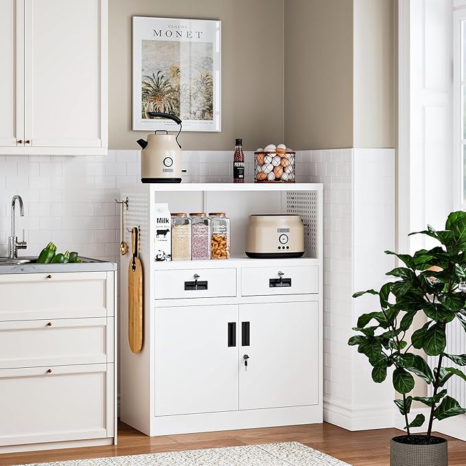 Storage Cabinet with Drawers, 41.3" Steel Lockable Storage Cabinet with Doors and Side Pegboard, Metal Cabinet for Garage, School, Home Office, White