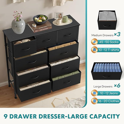 OLIXIS 9 Drawer Storage Dresser with Wood Top - Wide Fabric Chest Organizer for Bedroom, Closet, Living Room,Tower Cabinet, TV Stand, Hallway Entryway Furniture,Carbon Black