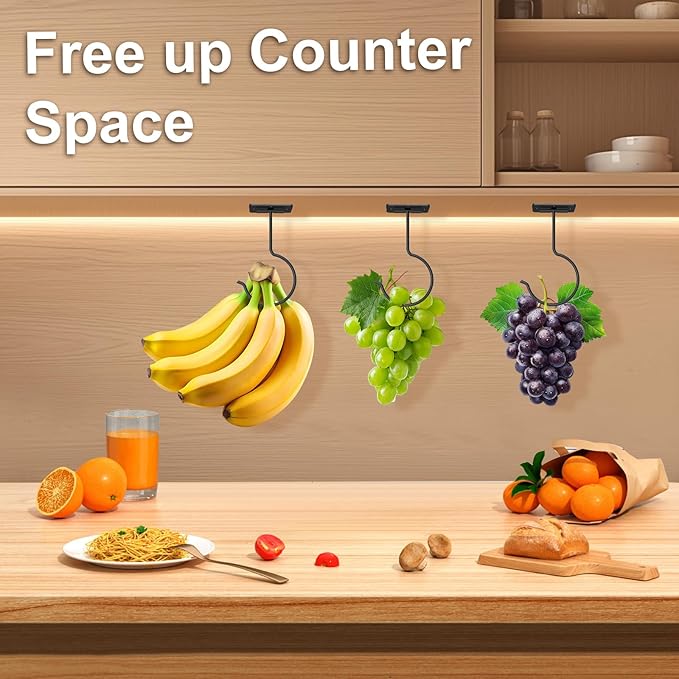 2 Packs Under Cabinet Banana Hooks, Foldable Magnetic Banana Holder with Strong Self-Adhesive & Screws for Extra Stability, Metal Banana Stand for Kitchen Counter – Black