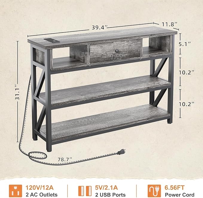 Mexin 39 Inch Console Table with 2 Outlet and 2 USB Ports, Entryway Table with Drawer and Storage Shelves, Narrow Sofa Table for Living Room and Hallway, Grey Oak