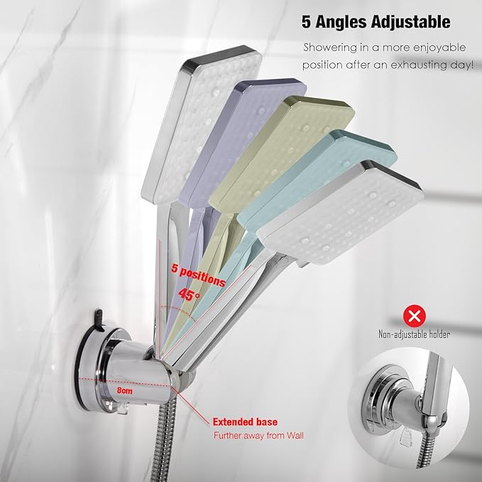 Suction Cup Hand held Shower Head Holder- 5 Angles Adjustable -Reusable -Bathroom Wall Mount Shower Wand Holder - (Polished Chrome)