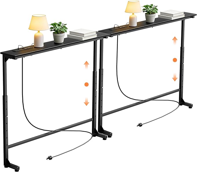 GRLEAF 2 Pack Adjustable Height Narrow Console Table with Power Outlets, 70" Long Sofa Table with Charging Station Behind Couch Table Entryway Table for Living Room and Hallway – Black