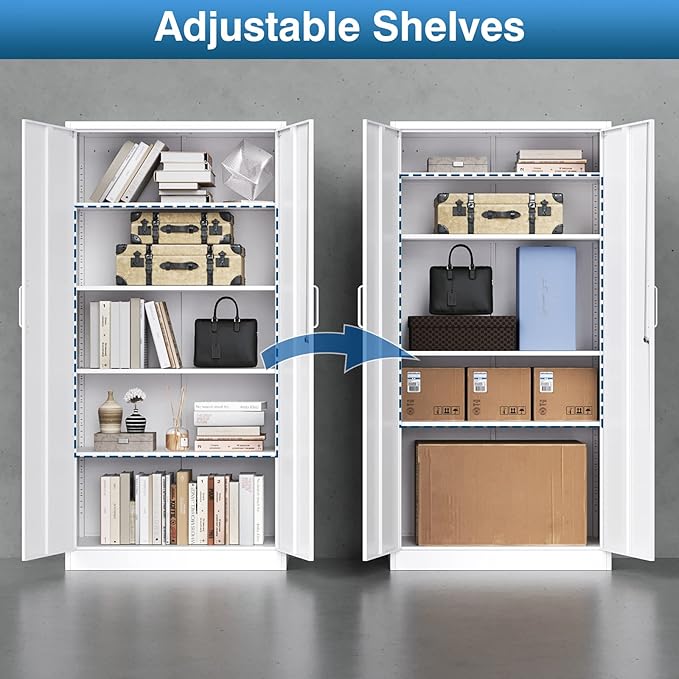 Metal Garage Storage Cabinet, 71-inch Tool Storage Cabinet with Adjustable Shelves & Locking Doors for Garage,Office,Home,School,Gym Storage (White)