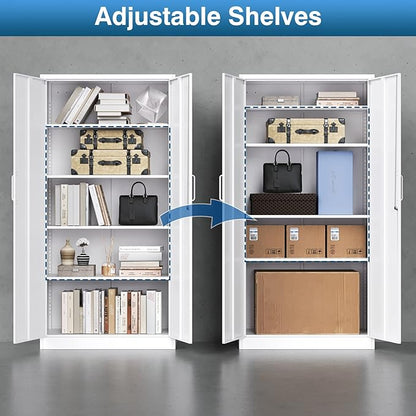 Metal Garage Storage Cabinet, 71-inch Tool Storage Cabinet with Adjustable Shelves & Locking Doors for Garage,Office,Home,School,Gym Storage (White)