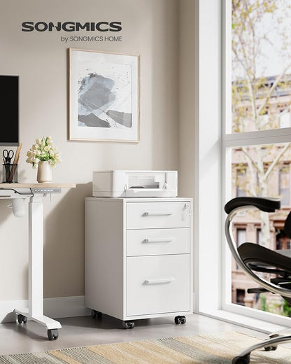 SONGMICS File Cabinet, Pre-Assembled Except Wheels and Handles, Office Filing Cabinet with Lock, for A4, Legal, Letter Sized Documents, 17.7 x 14.4 x 23.6 Inches, Matte White UOFC110W02