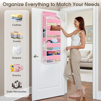 2 Pack Over The Door Organizer Hanging Storage Organizers with Clear Window 40lb Large Capacity Room Organizer for Pantry Laundry Bathroom Nursery Closet(Pink)