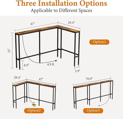 Narrow Console Table with Outlet, 70.9" Sofa Table Narrow Long, L Shaped Behind Couch Table, Skinny Entryway Tables with Charging Station,3 Assembly Options for Living Room,Hallway (Rustic Brown,70IN)