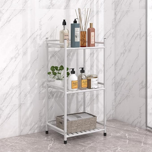 3 Tier Bathroom Storage Open Shelf Unit, Free-Standing Metal Corner Rack Shelving for Kitchen, Living Room, Hallway (Matte White, 3 Tier)