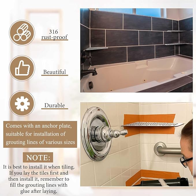 Quadrilateral Corner Shelf for Tiled Walls 12 Brushed 316 Stainless Steel 3/32 Thick Anchor Plate Bathroom Storage Shampoo Holder Organizer Kitchen Shelf