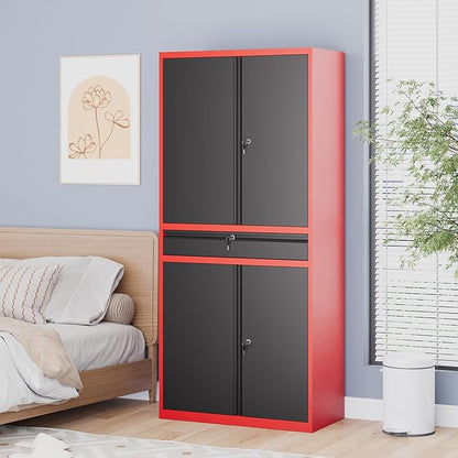 Metal Garage Storage Cabinet with Locking Doors and Drawer, 71" Steel Tool Storage Cabinet with Adjustable Shelves for Garage,Office,Warehouse (Red Black)