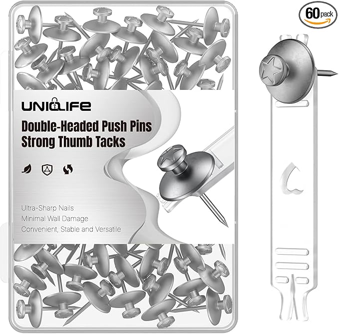 Uniclife 60 Pcs Double Headed Picture Hanging Nails, Picture Hangers, Push Pins for Wall, Double Headed Thumb Tacks, Metal Thumbtacks, Wall Hooks for Art, Photo Frame, Tapestry & Decor, Silver