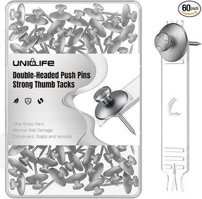 Uniclife 60 Pcs Double Headed Picture Hanging Nails, Picture Hangers, Push Pins for Wall, Double Headed Thumb Tacks, Metal Thumbtacks, Wall Hooks for Art, Photo Frame, Tapestry & Decor, Silver