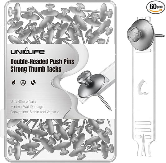 Uniclife 60 Pcs Double Headed Picture Hanging Nails, Picture Hangers, Push Pins for Wall, Double Headed Thumb Tacks, Metal Thumbtacks, Wall Hooks for Art, Photo Frame, Tapestry & Decor, Silver