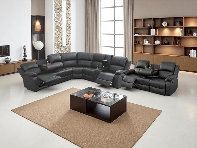 Reclining Sectional Sofa, 4 Pieces Living Room Furniture Sets, Black Leather Sectional Manual Recliner Sofa Set with Drop-Down Table, Cup Holders, Storage Console for Living Room, Bedroom