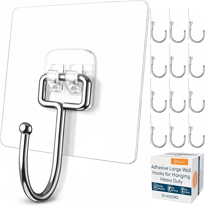 GLUIT Adhesive Large Wall Hooks for Hanging Heavy Duty 22 lbs Hooks for Walls No Drill, Towel Sticky Clear Hooks, Waterproof, Home, Bathroom, Kitchen, Office, and Outdoor 12 Pack