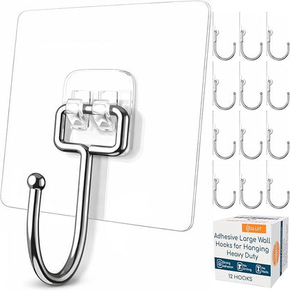 GLUIT Adhesive Large Wall Hooks for Hanging Heavy Duty 22 lbs Hooks for Walls No Drill, Towel Sticky Clear Hooks, Waterproof, Home, Bathroom, Kitchen, Office, and Outdoor 12 Pack