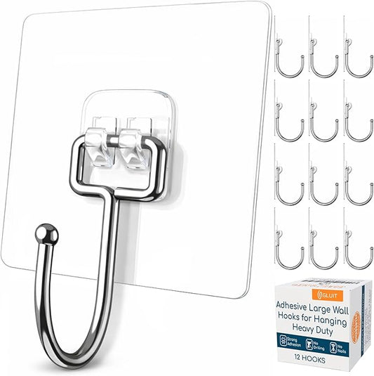 GLUIT Adhesive Large Wall Hooks for Hanging Heavy Duty 22 lbs Hooks for Walls No Drill, Towel Sticky Clear Hooks, Waterproof, Home, Bathroom, Kitchen, Office, and Outdoor 12 Pack