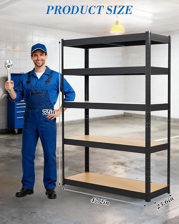 Garage Storage Shelves,Heavy Duty Garage Shelving Metal Adjustable Garage Shelves,5-Tier Adjustable Shelving Units,Loads 2000 LBS,Metal Storage Utility Racks for Warehouse,Pantry, Basement (48x24x72)