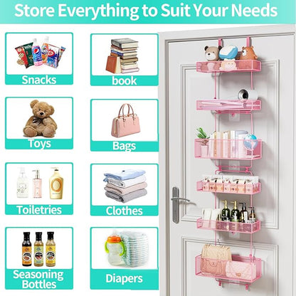 HapiRm Over Door Organizer Storage - Separable Door Organizer Hanging with 6 Metal Large Capacity Baskets for Bathroom Bedroom Kitchen Pantry Closet (Pink)