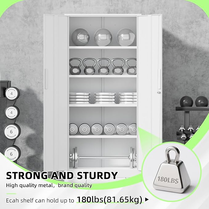Bonusall 72" Metal Garage Storage Cabinet, 2 Locking Doors & 4 Adjustable Shelves Tall Storage, Heavy Duty Steel Tool Cabinet for Home, Office, Warehouse, School - White