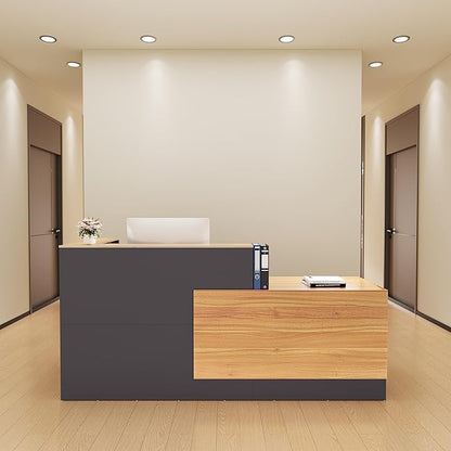 L-Shaped Reception Desk with Lockable Drawers, Adjustable File Cabinet & Keyboard Tray, Modern Front Counter for Office, Salon, or Lobby