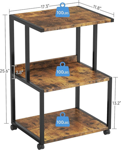 Mexin Printer Stand-Small 3 Tier Printer Table with Wheels, Industrial Rolling Printer Cart with Storage Shelf for Scanner Fax Home Office Use,17.5 x 11.8 Inches, Rustic Brown