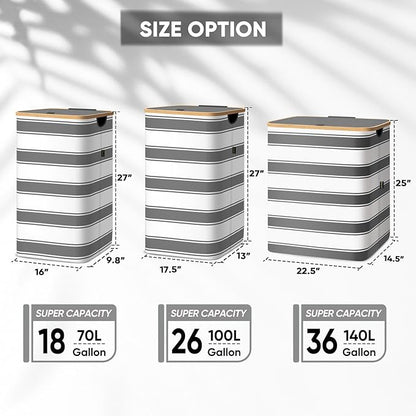 BALEINE Laundry Hamper with Lid, Tall Laundry Baskets with Bamboo Pull Handles, Large Laundry Bin with Internal Support (36 Gal/140L, Grey Stripe)